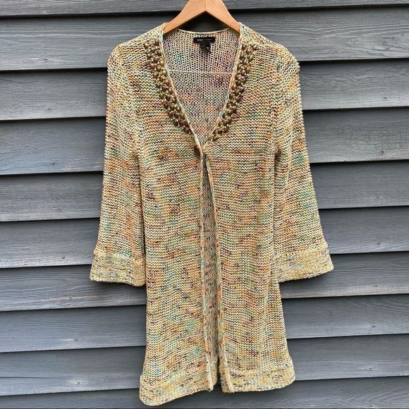 BCBGMaxAzria Tan beaded knit cardigan sweater size large - Picture 1 of 10